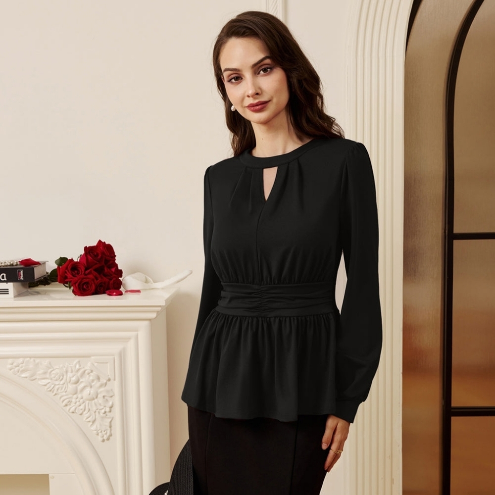 NWT - Belle Poque Retro Defined Waist w Lantern Sleeves Crew Neck Black Top - XL